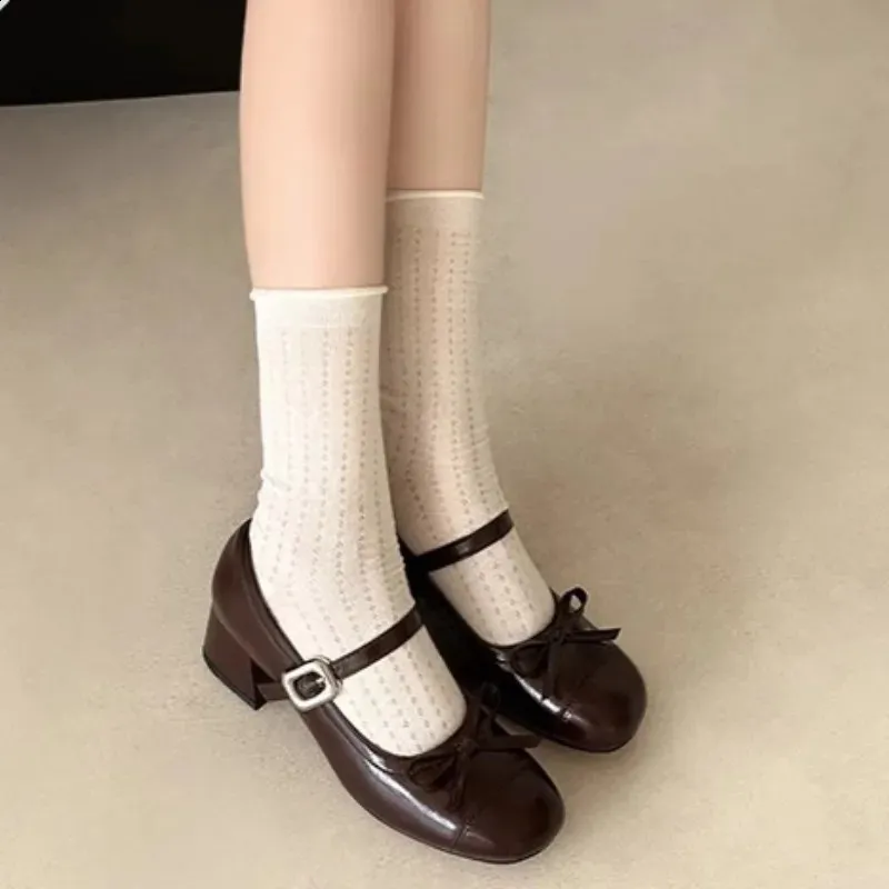 Mary Jane Single Summer Ronde Neus Schoenen met Lage Instap en Strikje. Antislip, Slijtvaste Kitten Heel Schoenen 260530_voghion.com