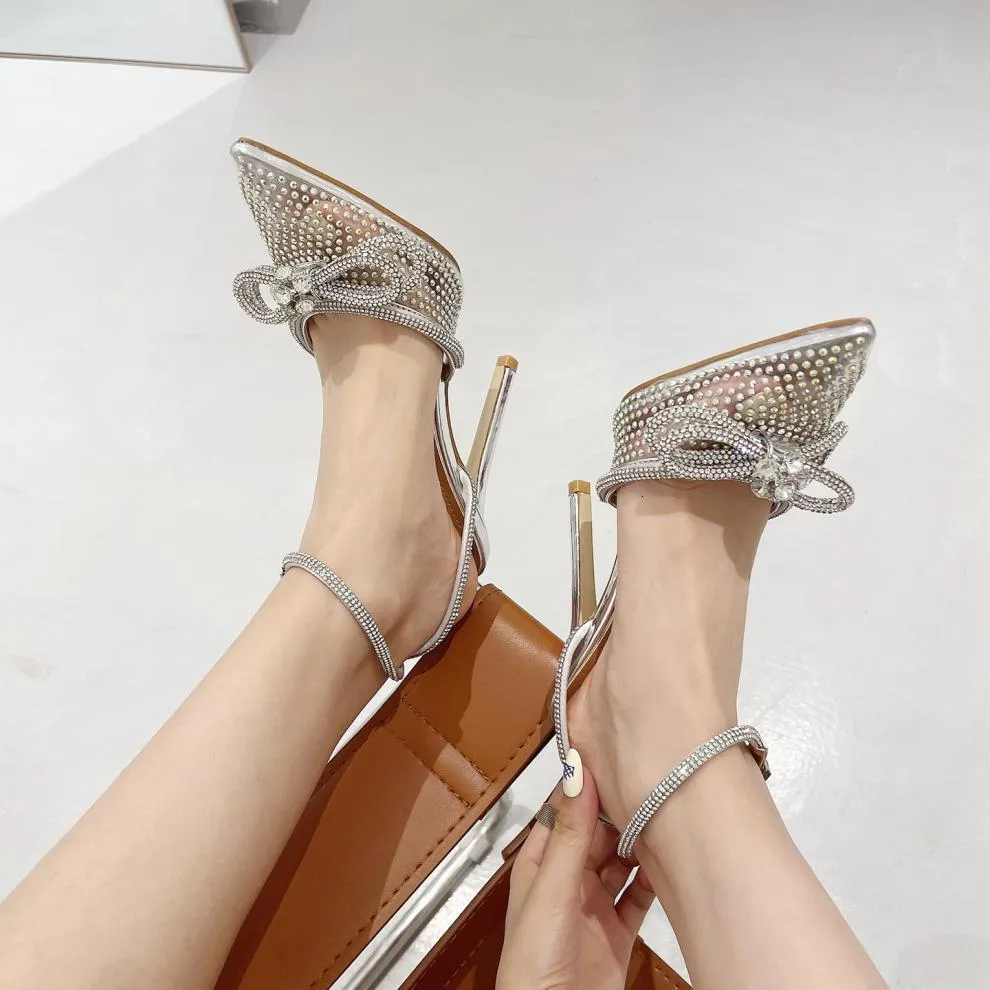 Women's Silver Rhinestone Bow Pointed Toe Stiletto Pumps Wedding_voghion.com