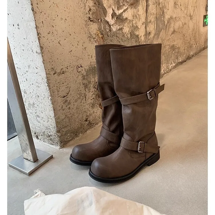 Vintage Buckle Strap Knee High Women Distressed Faux Leather Low Block Heel Slip On Casual Western Tall Boots_vogvips.com
