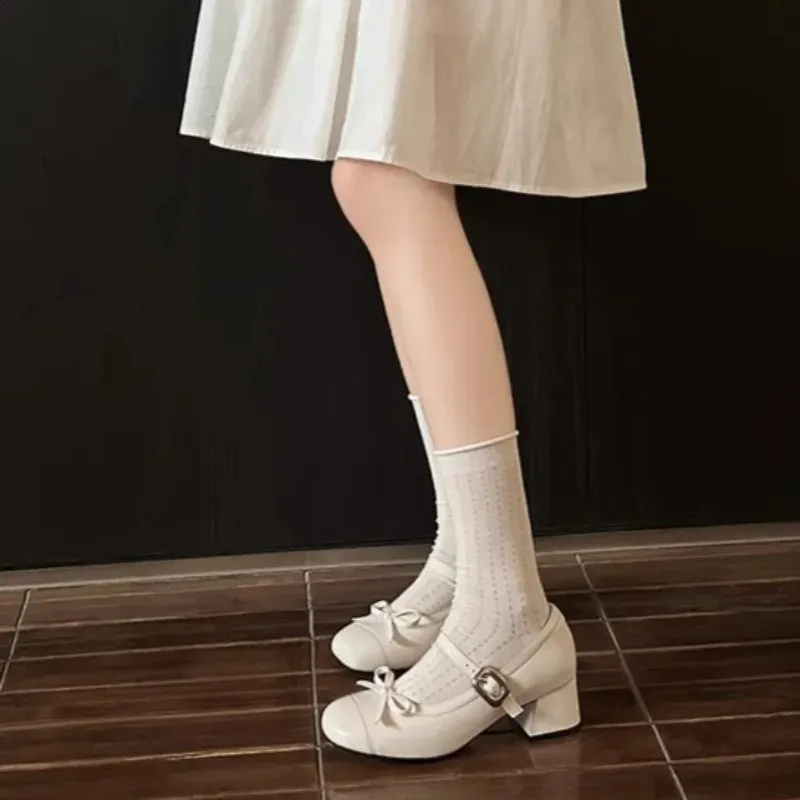 Mary Jane Single Summer Ronde Neus Schoenen met Lage Instap en Strikje. Antislip, Slijtvaste Kitten Heel Schoenen 260530_voghion.com