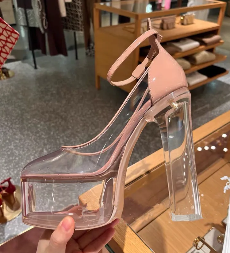Women's Nude Clear Platform Heels Transparent Chunky Ankle Strap Pumps_voghion.com
