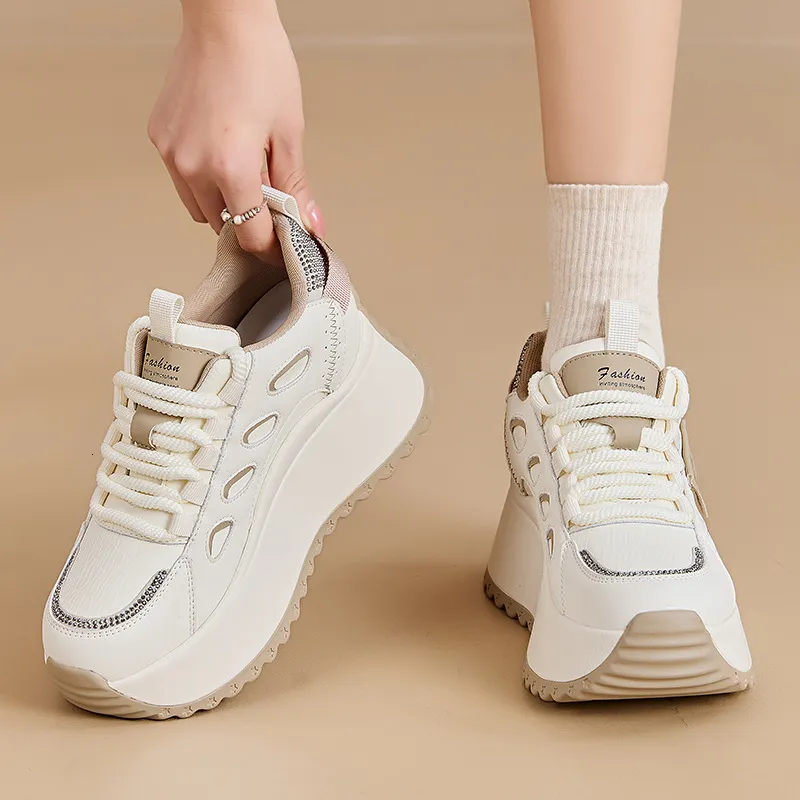 Hollow Cutout Platform Sneakers Women Lace Up Contrast Color Thick Wedge Sole Non Slip Casual Walking Dad Shoes_voghion.com