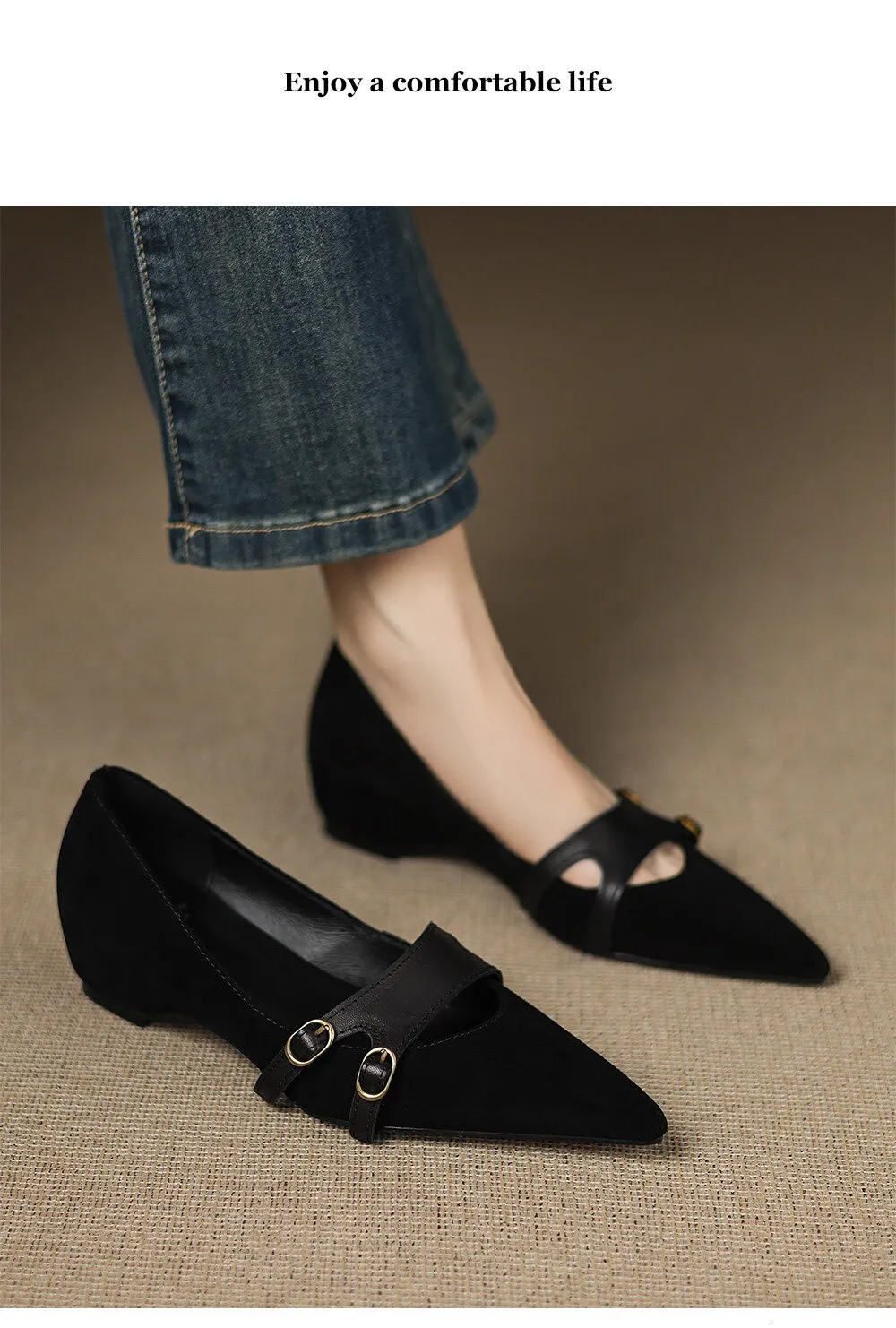 Women's Brown Suede Mary Jane Flat Sandals With Double Buckle Strap_voghion.com