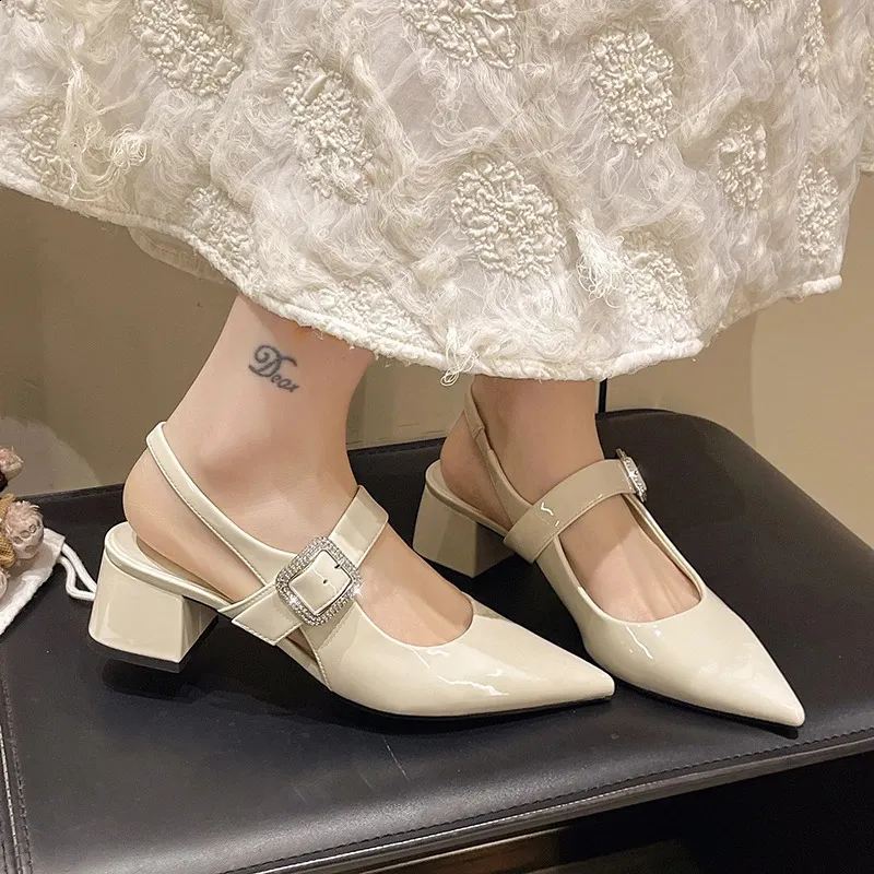 Pointed Toe Block Heel Sandals Spring Bright Diamond Square Button High Heeled Single Shoes 260530_voghion.com