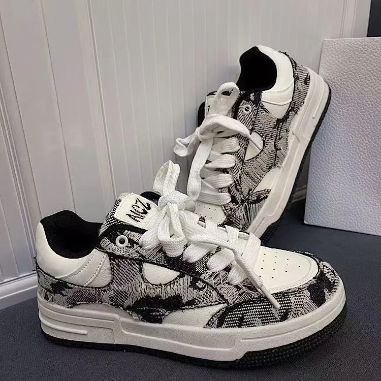 Women's Blue White Denim Patchwork Lace Up Trainers Thick Sole_voghion.com