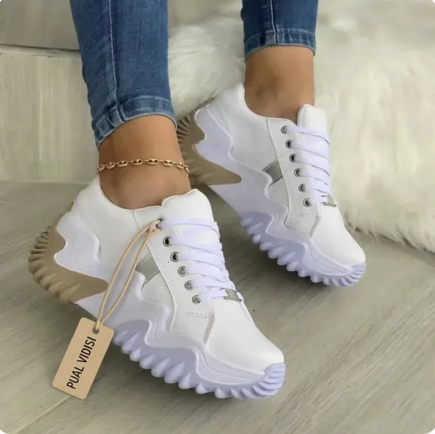 Womens Black White Wavy Chunky Platform Sneakers Non Slip Lace Up Casual Street Shoes_voghion.com