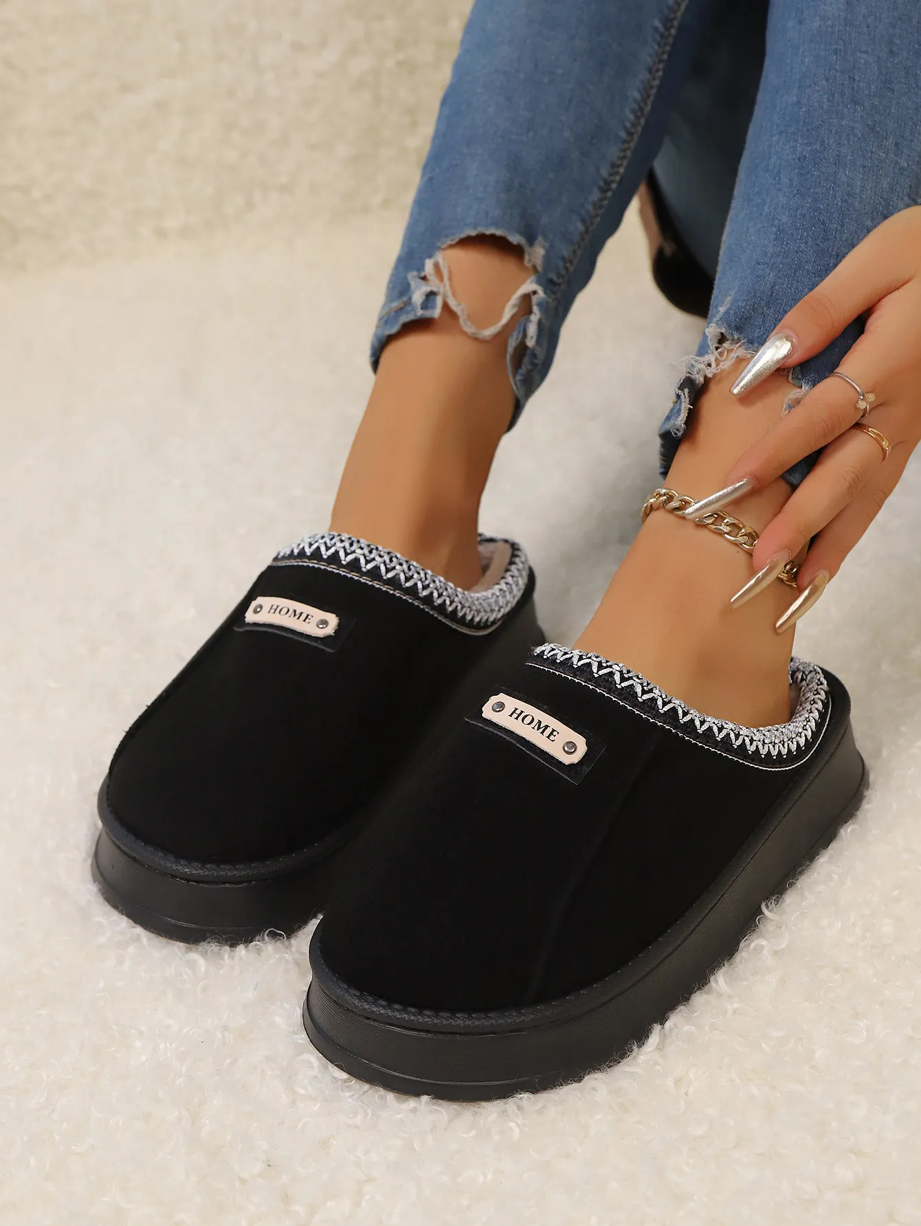 Womens Embroidered Platform Mules Summer Sandals Fleece Lined_voghion.com