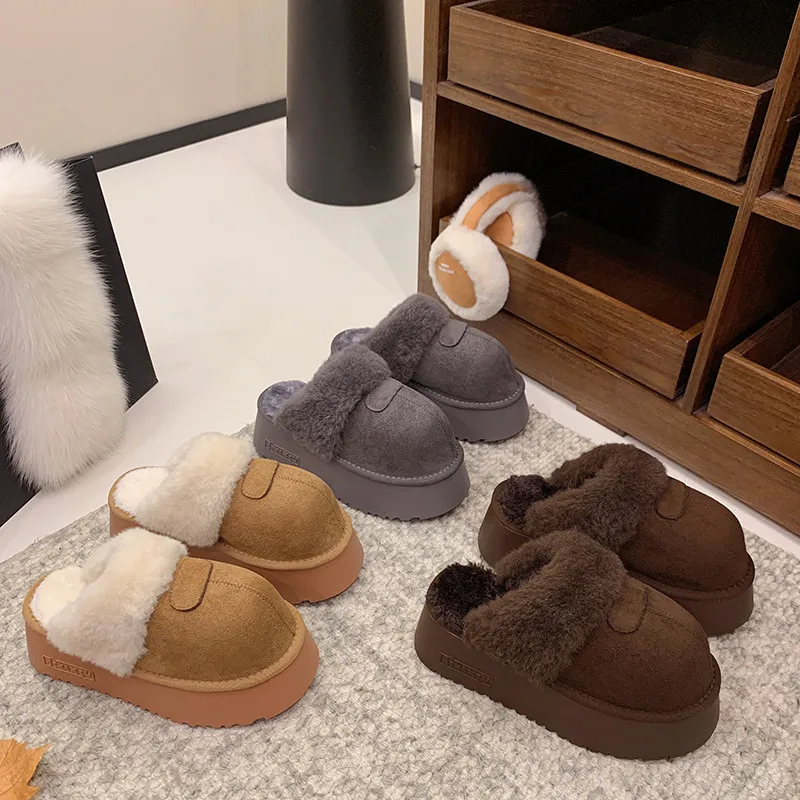 Womens Multi Non Slip Color Fuzzy Platform Slippers Suede Lined Closed Toe Winter Slides_voghion.com