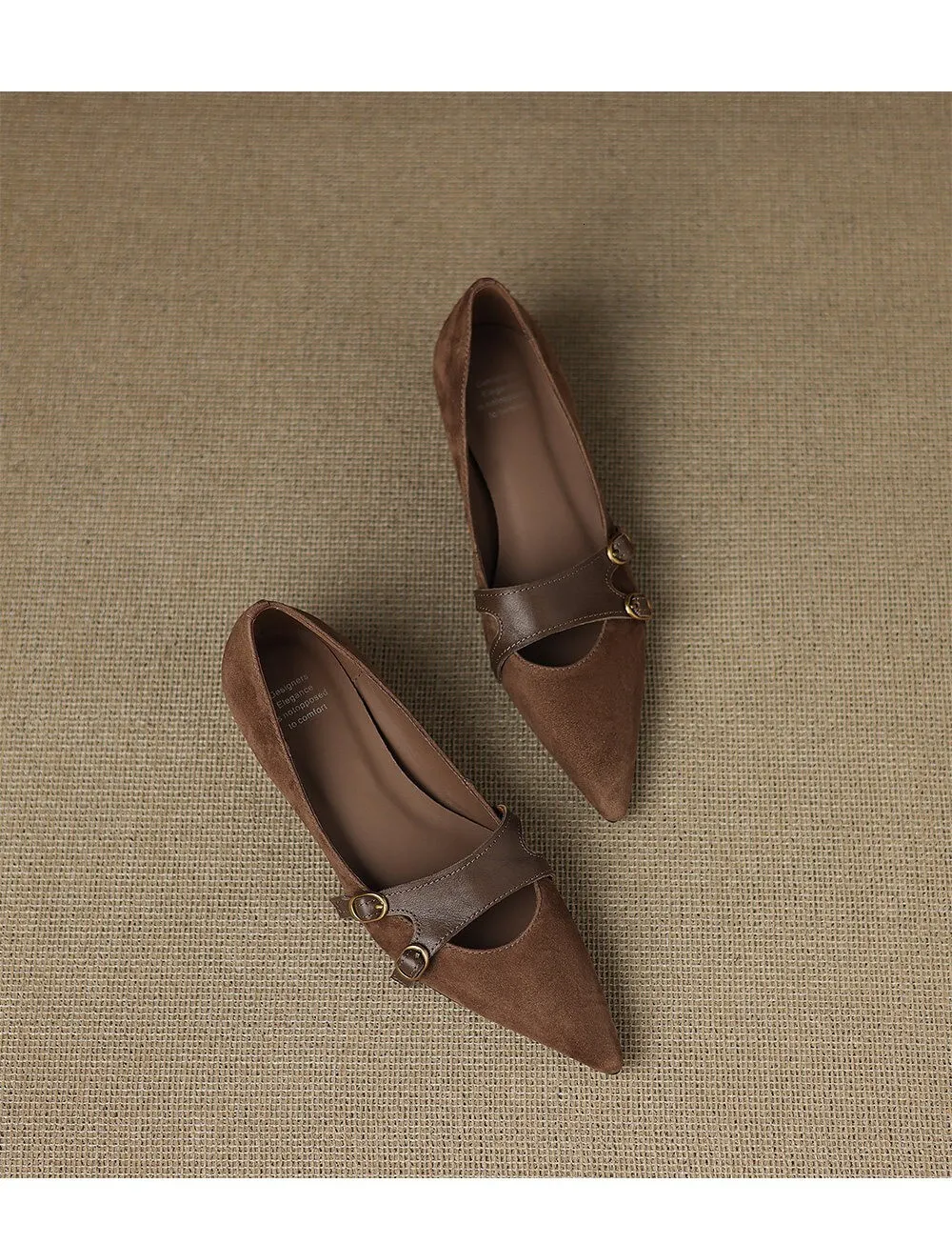 Women's Brown Suede Mary Jane Flat Sandals With Double Buckle Strap_voghion.com