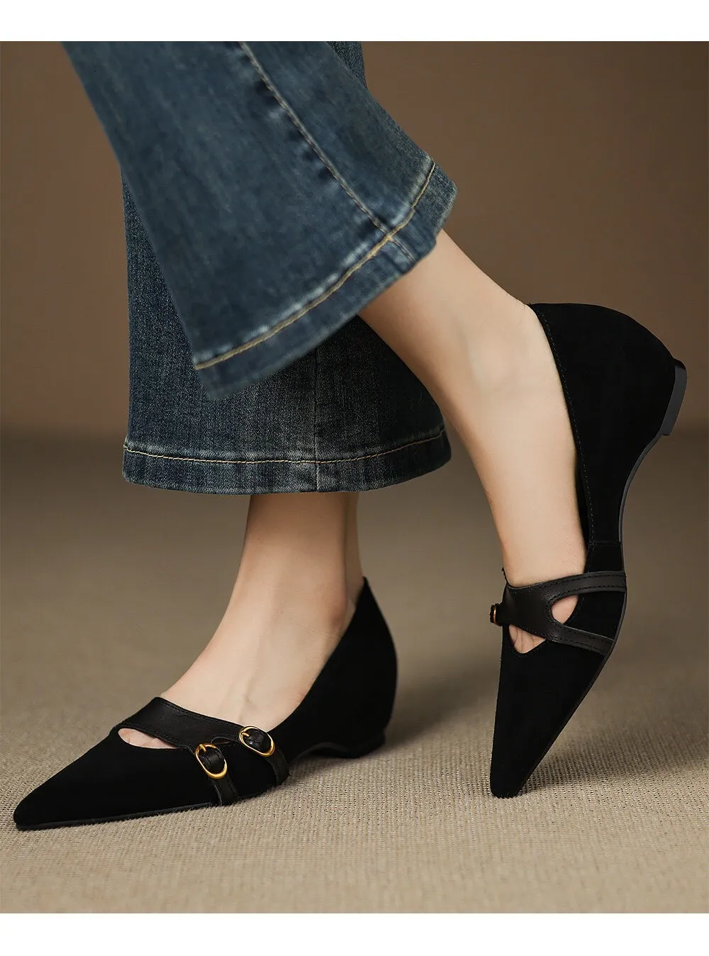 Women's Brown Suede Mary Jane Flat Sandals With Double Buckle Strap_voghion.com