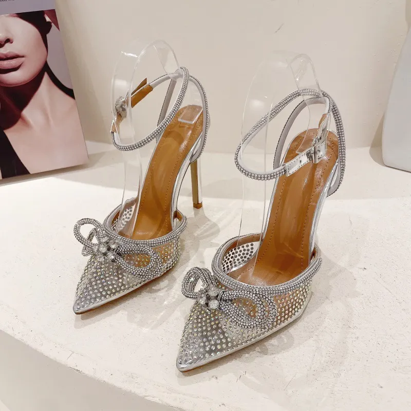Womens Silver Rhinestone Bow Pointed Toe High Heels Ankle Summer Comfort Strap Stiletto Pumps For Wedding Bridal Formal_voghion.com