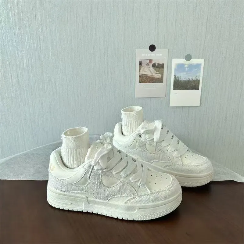 Women's Blue White Denim Patchwork Lace Up Trainers Thick Sole_voghion.com