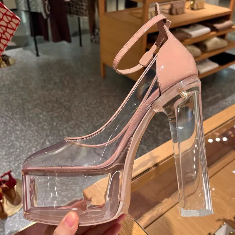 Womens Nude Clear Platform Heels Transparent Chunky Heel Summer Comfort Ankle Strap Pumps_voghion.com