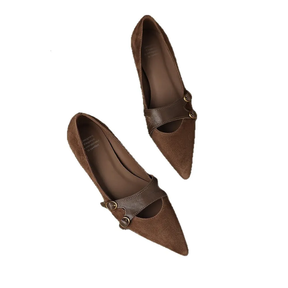 Womens Brown Suede Summer Comfort Pointed Toe Mary Jane Flats Double Buckle Strap Shoes_voghion.com