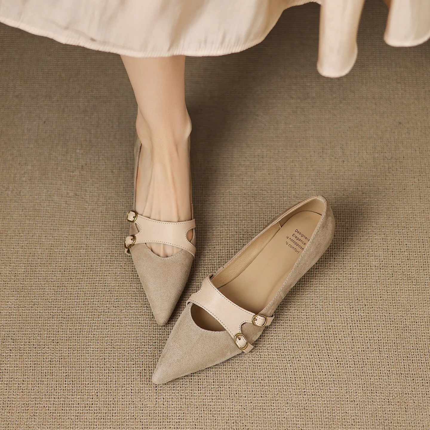 Womens Brown Suede Summer Comfort Pointed Toe Mary Jane Flats Double Buckle Strap Shoes_voghion.com