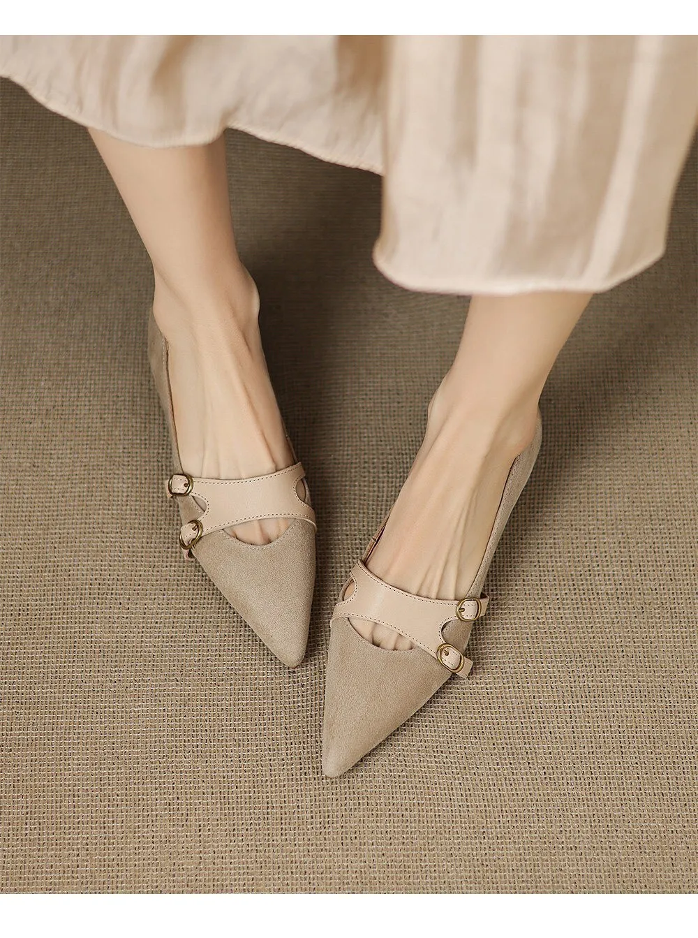 Women's Brown Suede Mary Jane Flat Sandals With Double Buckle Strap_voghion.com