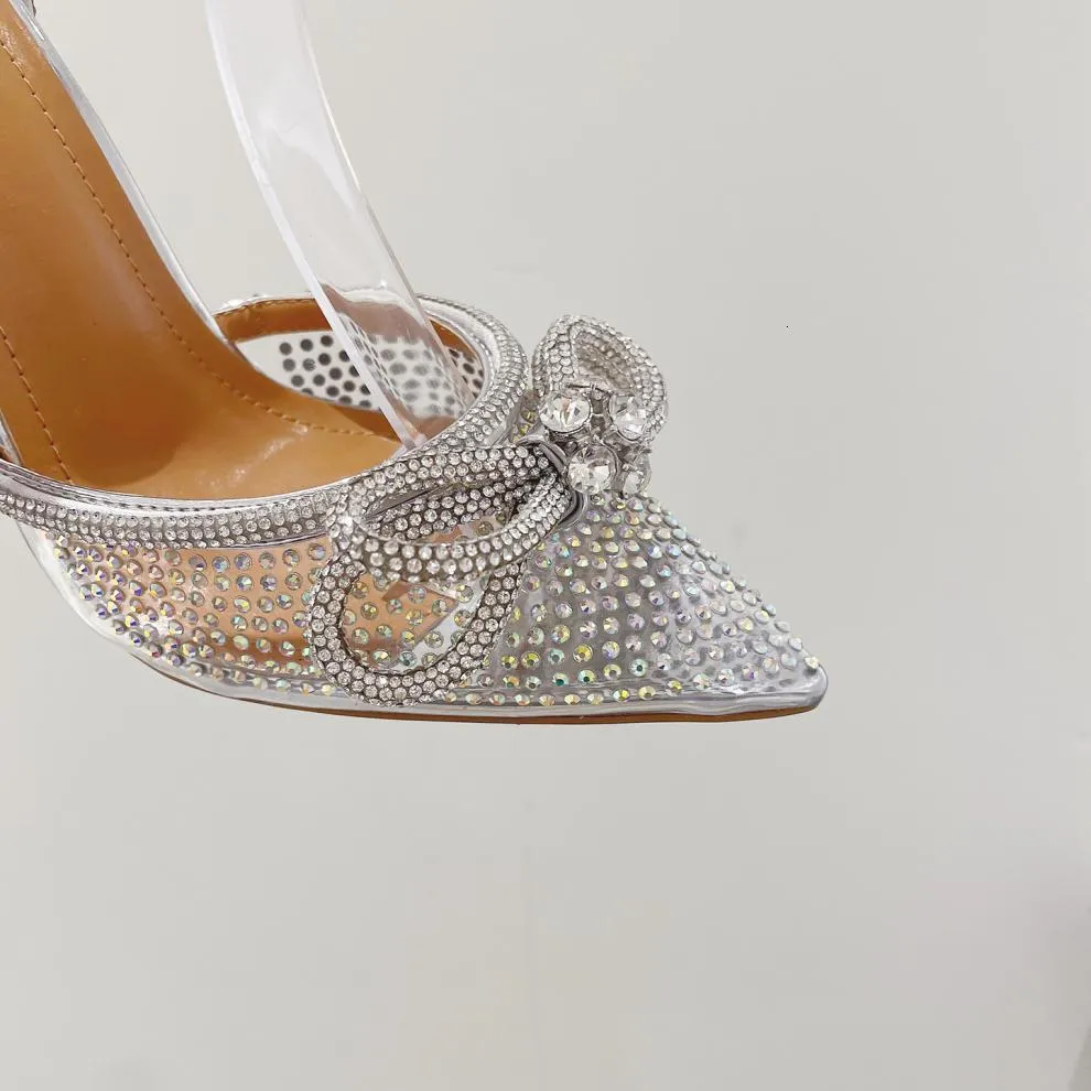 Women's Silver Rhinestone Bow Pointed Toe Stiletto Pumps Wedding_voghion.com