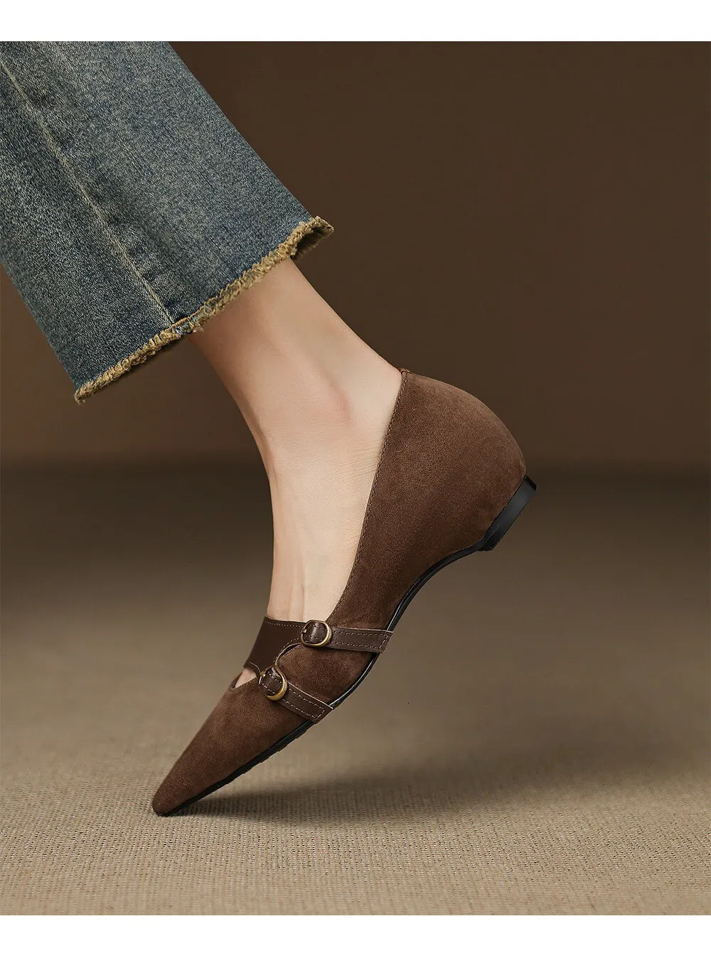Women's Brown Suede Mary Jane Flat Sandals With Double Buckle Strap_voghion.com