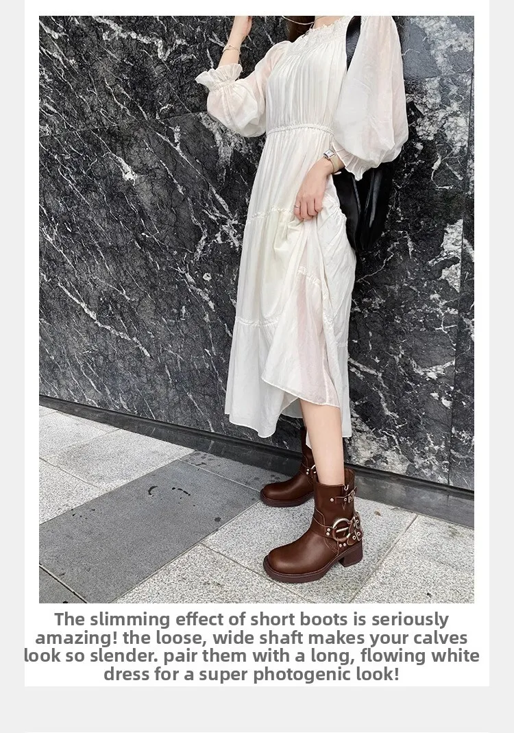 Bruine leren biker boots voor dames met blokhak en gesp_voghion.com