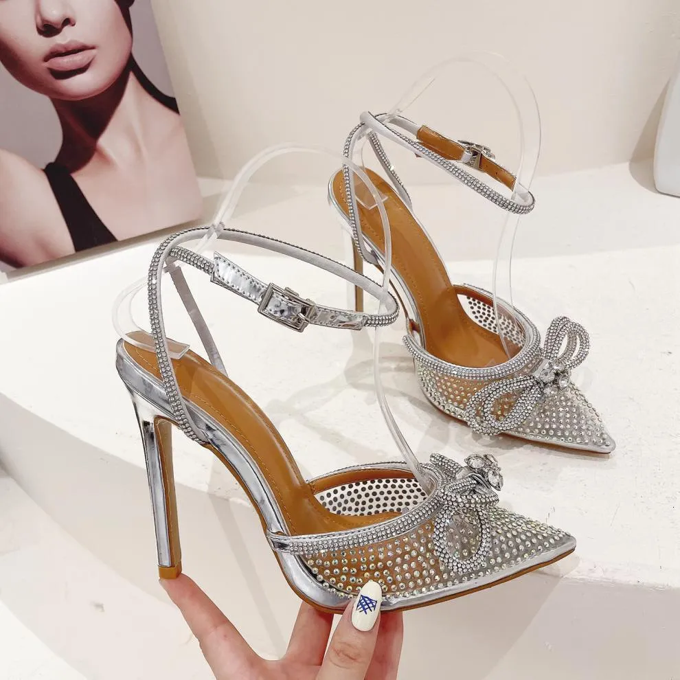 Women's Silver Rhinestone Bow Pointed Toe Stiletto Pumps Wedding_voghion.com