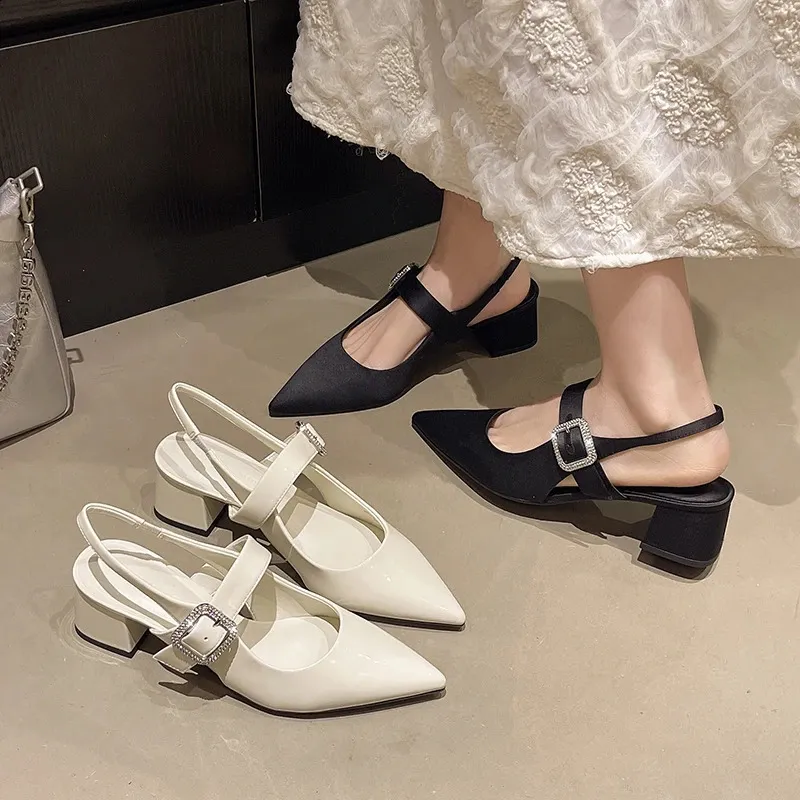 Pointed Toe Block Heel Sandals Spring Bright Diamond Square Button High Heeled Single Shoes 260530_voghion.com