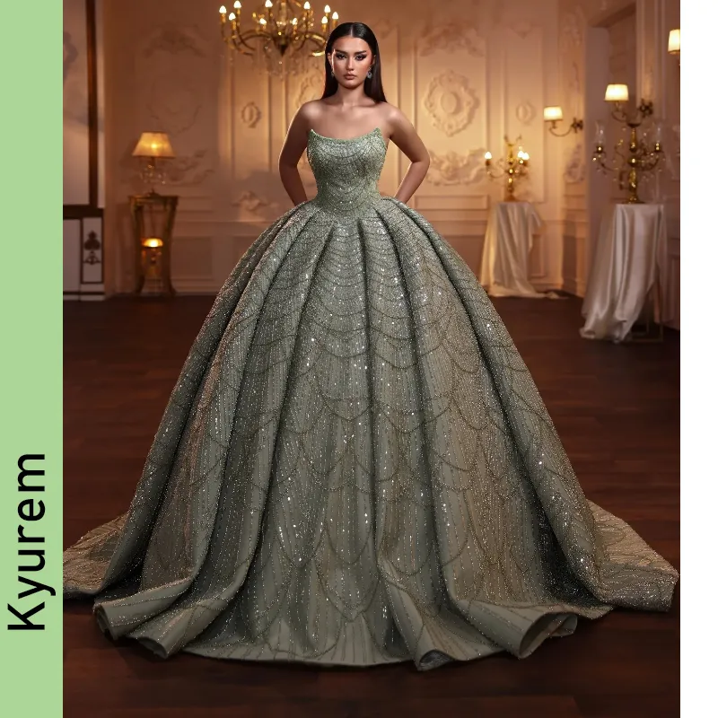 Exquisite Green Puffy Prom Dresses Heavy Beaded Shiny Sequins A Line Party Dress Customizable Bride Dress Evening Gowns