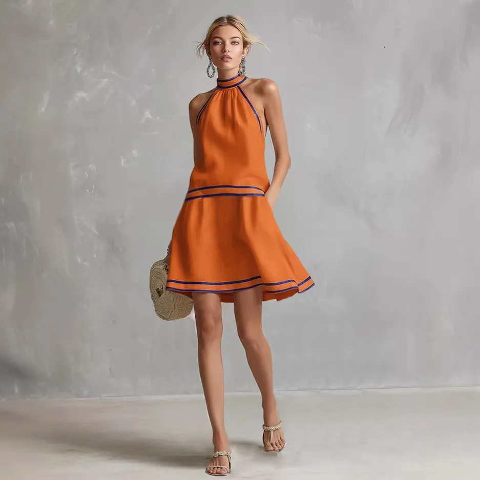 2026 Halter Neck Fashion Short For Amazon, European And American Style With Striped Trim, Comfortable Sleeveless Waist-Cinching Dress