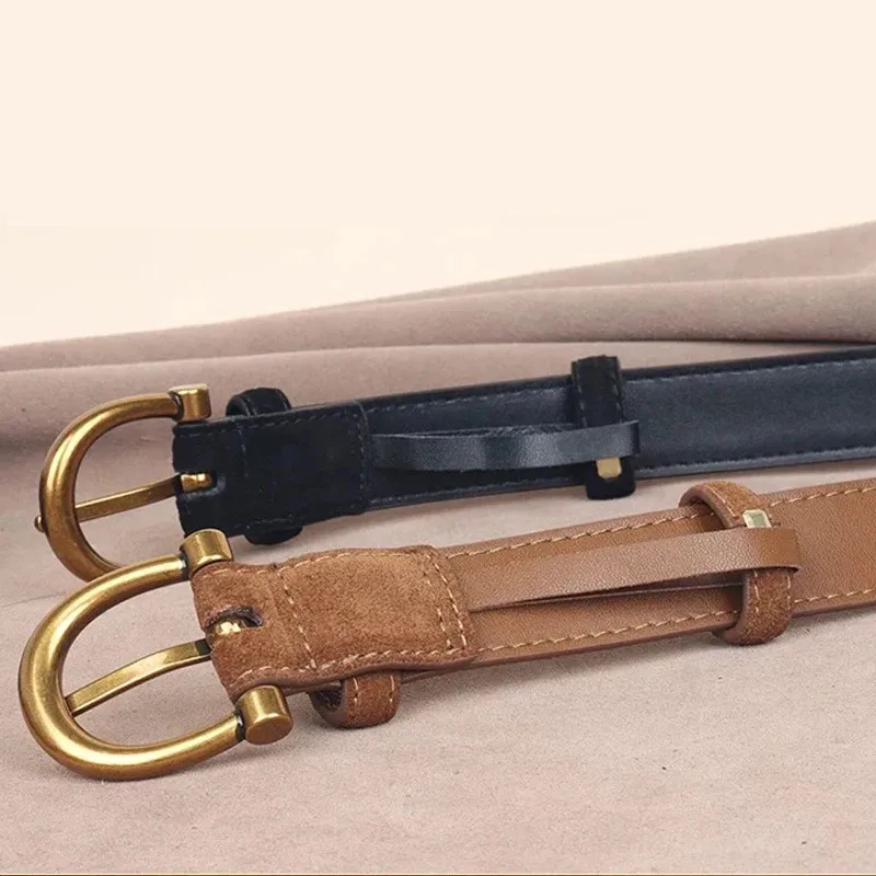 Fashion Suede Cowhide Women Belt Retro Gold Buckle... From  display picture 3