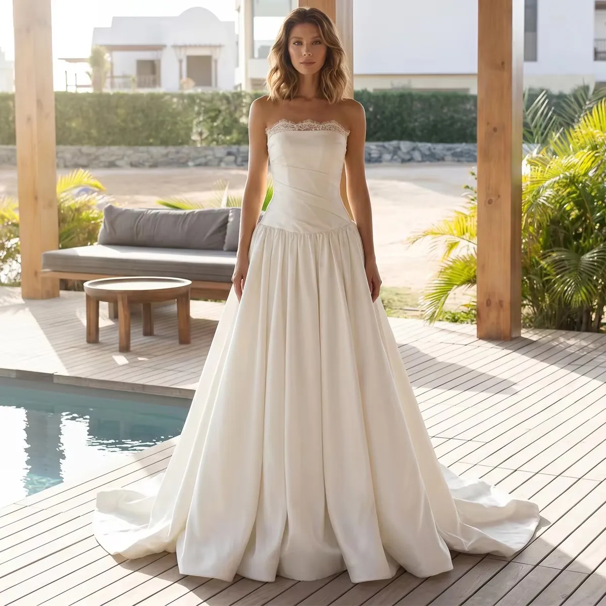 vintage lace wedding dress strapless Vintage Satin Strapless Ball Gown Wedding Dresses With Floral Lace, MW991