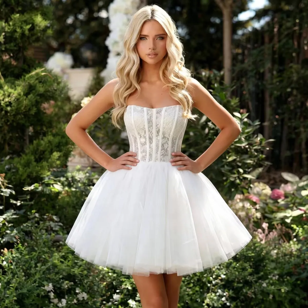 short white puffy wedding dress Elegant Crepe Short Wedding Dress with Full Skirt and Puff Sleeves Ren Wedding Roof
