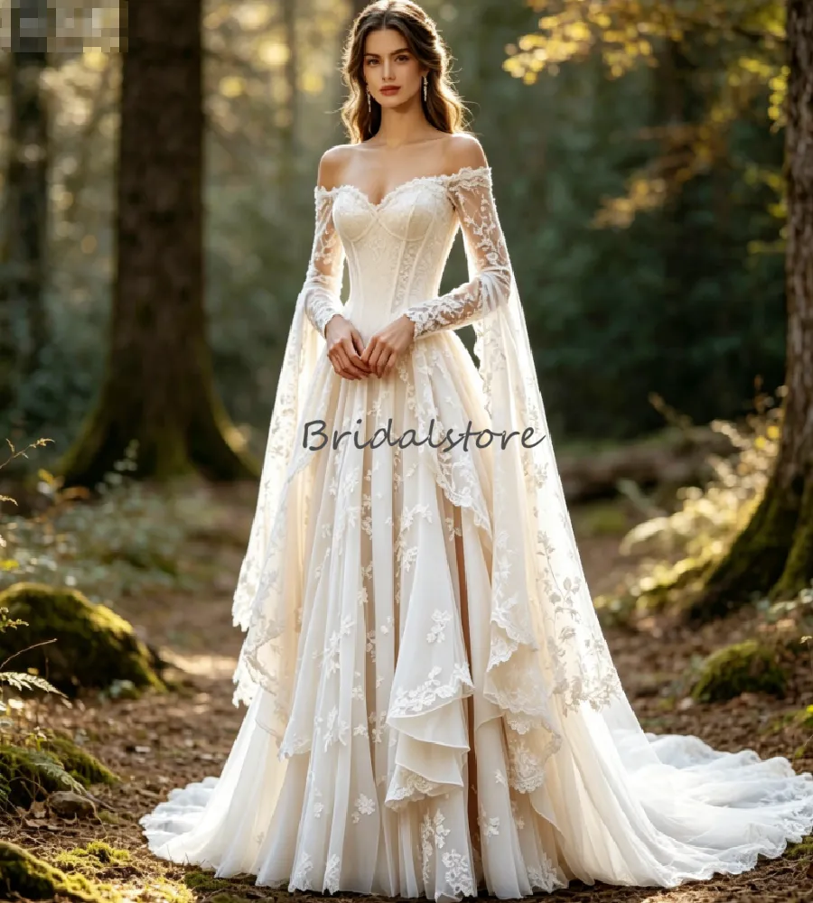 woodland fairy wedding dress Fairytale Burgundy / XS-XL Custom Fit class fabrics for you Fairytale Long Sleeve Wedding Dress