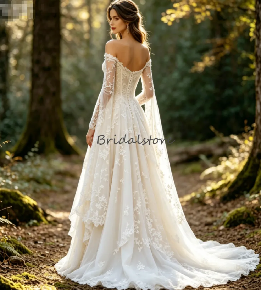 woodland fairy wedding dress Off Shoulder Green Lace Forest Bridal Gown US4 / Ivory+Green Simple Ivory Wedding Dress ~ This dress is made to be very flattering with fitted bust and flared skirt Whimsical Fairy Wedding dress