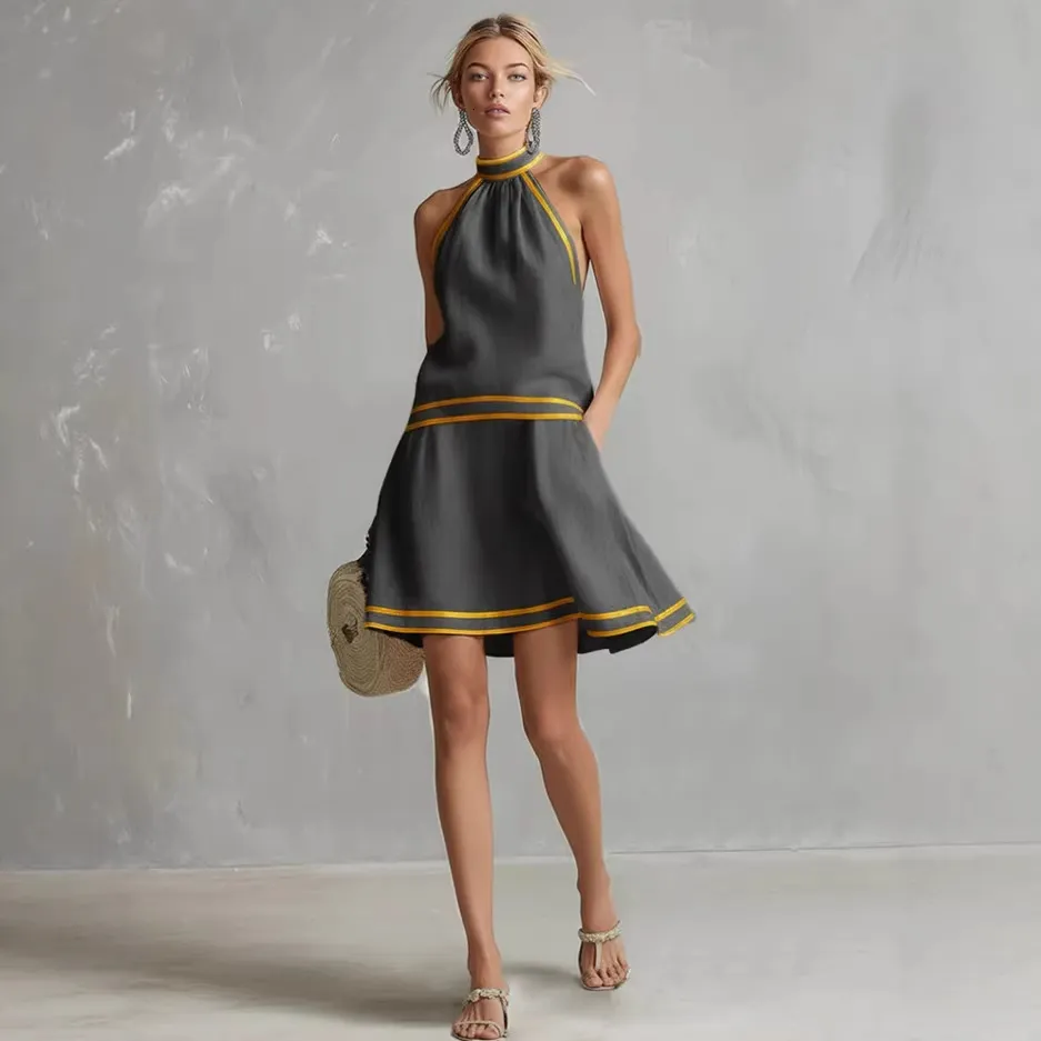 2026 Halter Neck Fashion Short For Amazon, European And American Style With Striped Trim, Comfortable Sleeveless Waist-Cinching Dress