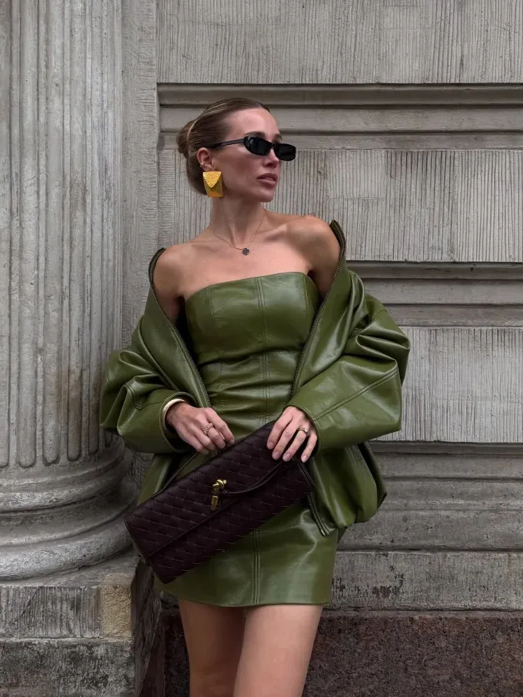 green leather strapless dress Valentina Vegan Leather Tube Dress