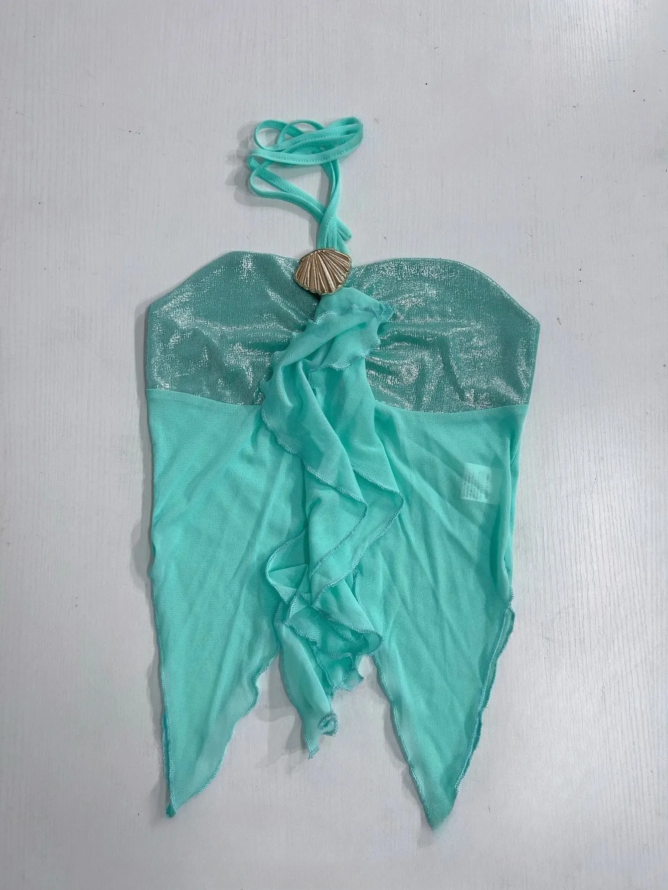 女性の夏のファッション美的メッシュホルターネックシェルクロップ 