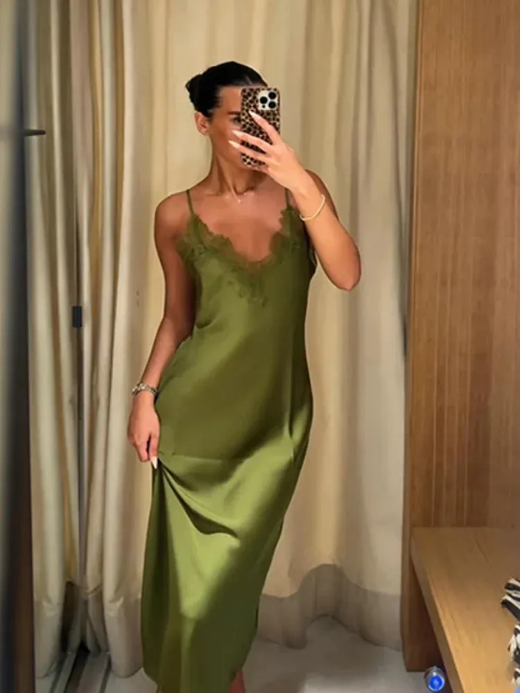 green slip dress with lace Elegant Trim V Neck Spaghetti... From Leonorastore, Rs.4,691.47 In Bulk transparent bridal robe