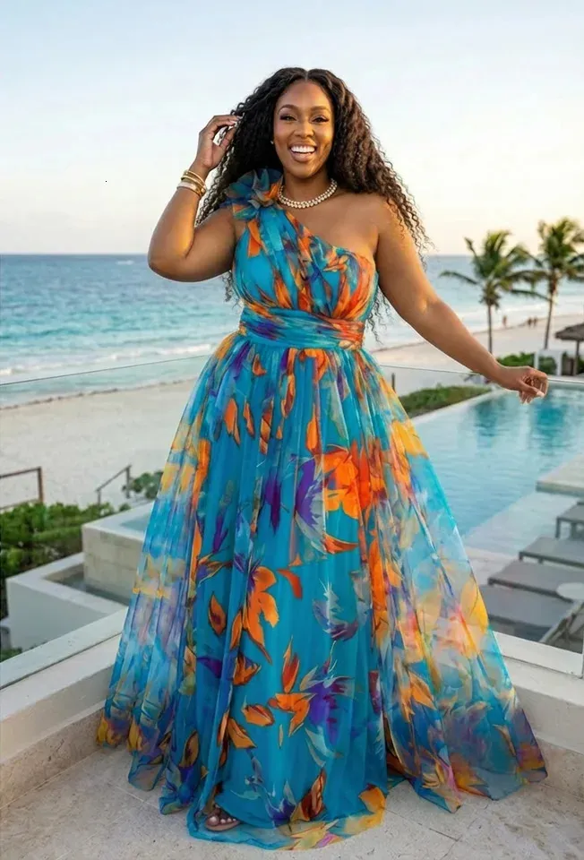 abstract formal dress Plus Size Floral Print One Shoulder Maxi Women Waist Cinched A Line Flared Gown With Bow Detail For Beach 260701 Coverup