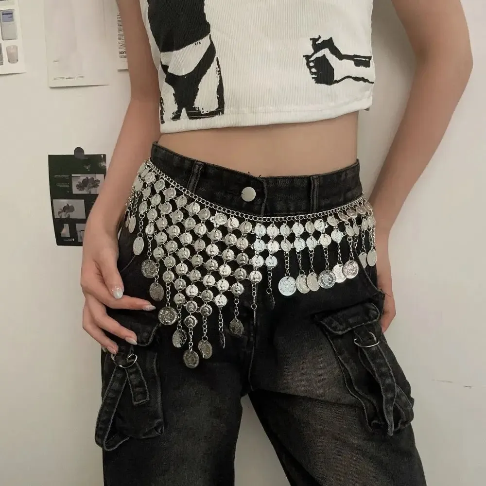 Silver Tone Coin Fringe Chain Belt Womens Boho Festival Waist Chain‎ Belly Dance Silver Coin Belly Dance Belt: Tribal Fusion Boho Festival  main image 4