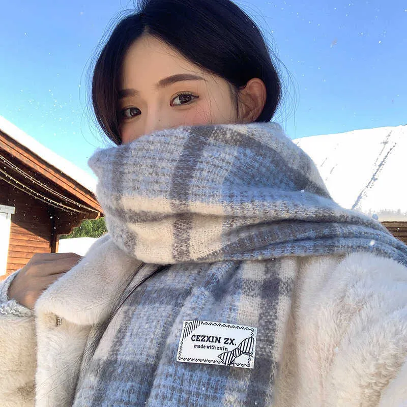 Autumn/Winter New Korean Style Blue Plaid Scarf For From
