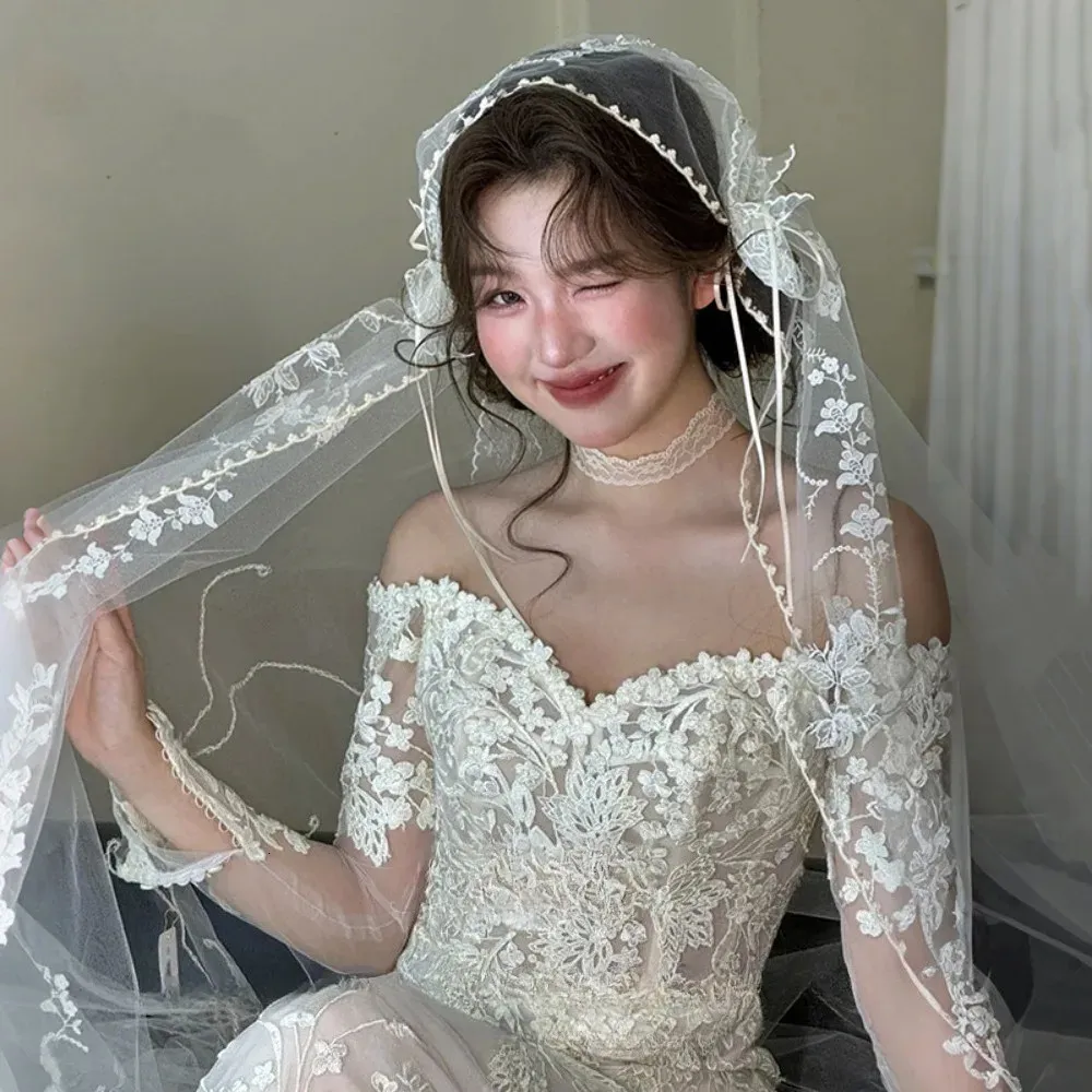 French Vintage Lace Trim Butterfly Bridal Veil Long... From  display picture 1