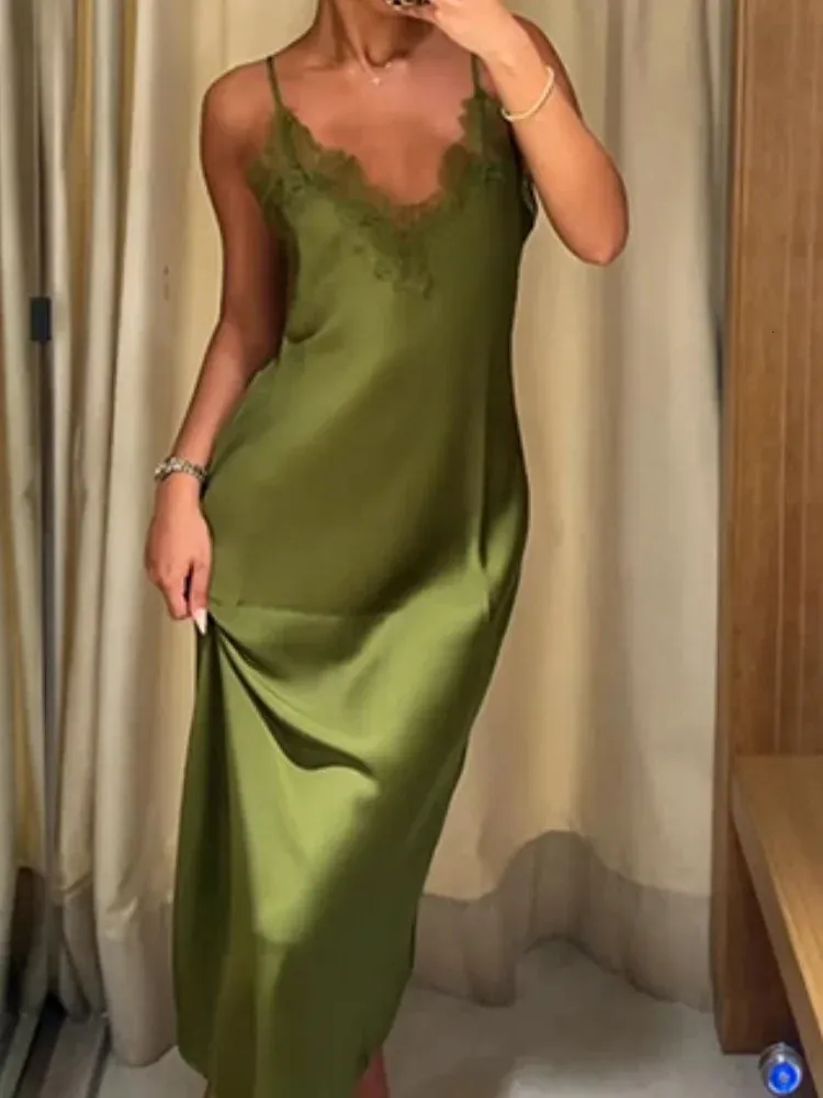green slip dress maxi Elegant Lace Trim V-Neck Spaghetti Strap Sleeveless Dress 2026 Summer Casual Vacation Female Frock 260701 aug_23