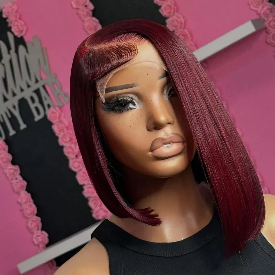 99J Burgundy Bob Wig Human Hair 13x4 HD Transparent... From  display picture 3