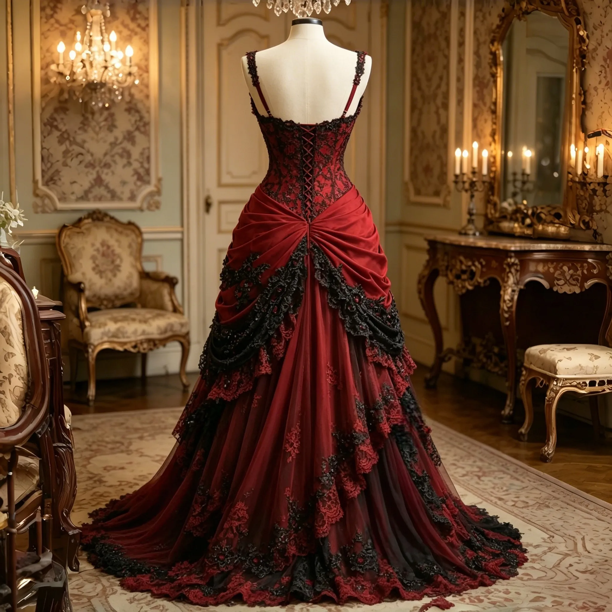 bridal red black wedding dress & Gothic Dress, Lace A-Line Gown with Thigh Slit Emilia Sage For reference Crimson Raven - Black and