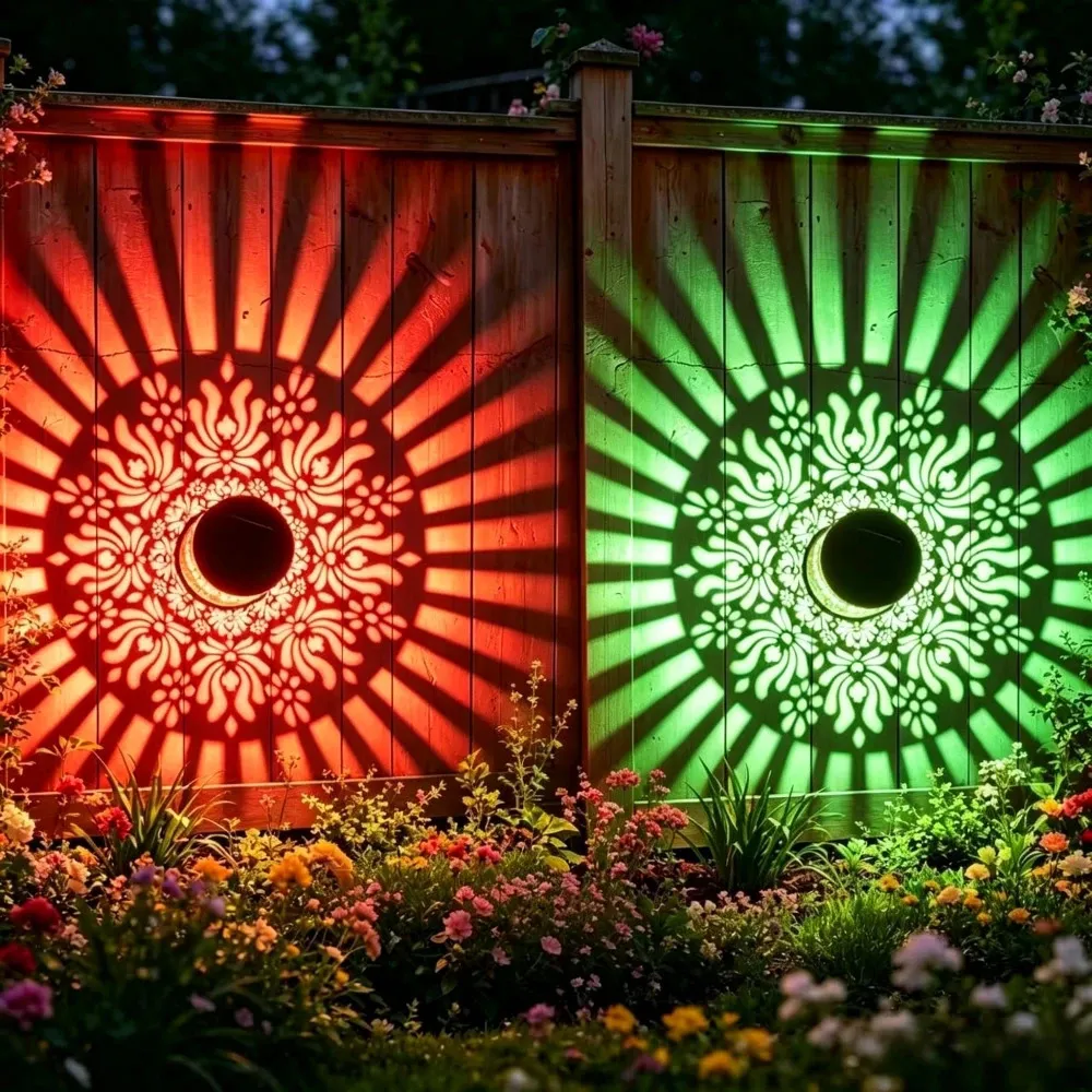 Solar Mandala Wall Lights – 4-Pack, 7-Color Changing, Waterproof Metal Fence Lights – Decorative Garden & Patio Projection