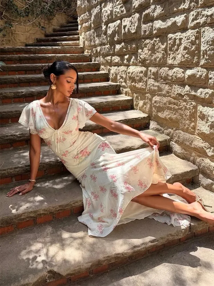 fishtail dress casual Casual Dresses Women Elegant Printed Fishtail Dress Sexy V-neck Short  Sleeve Waist-cinching Pleated Slim Maxi 2026 Lady Vacation Robe