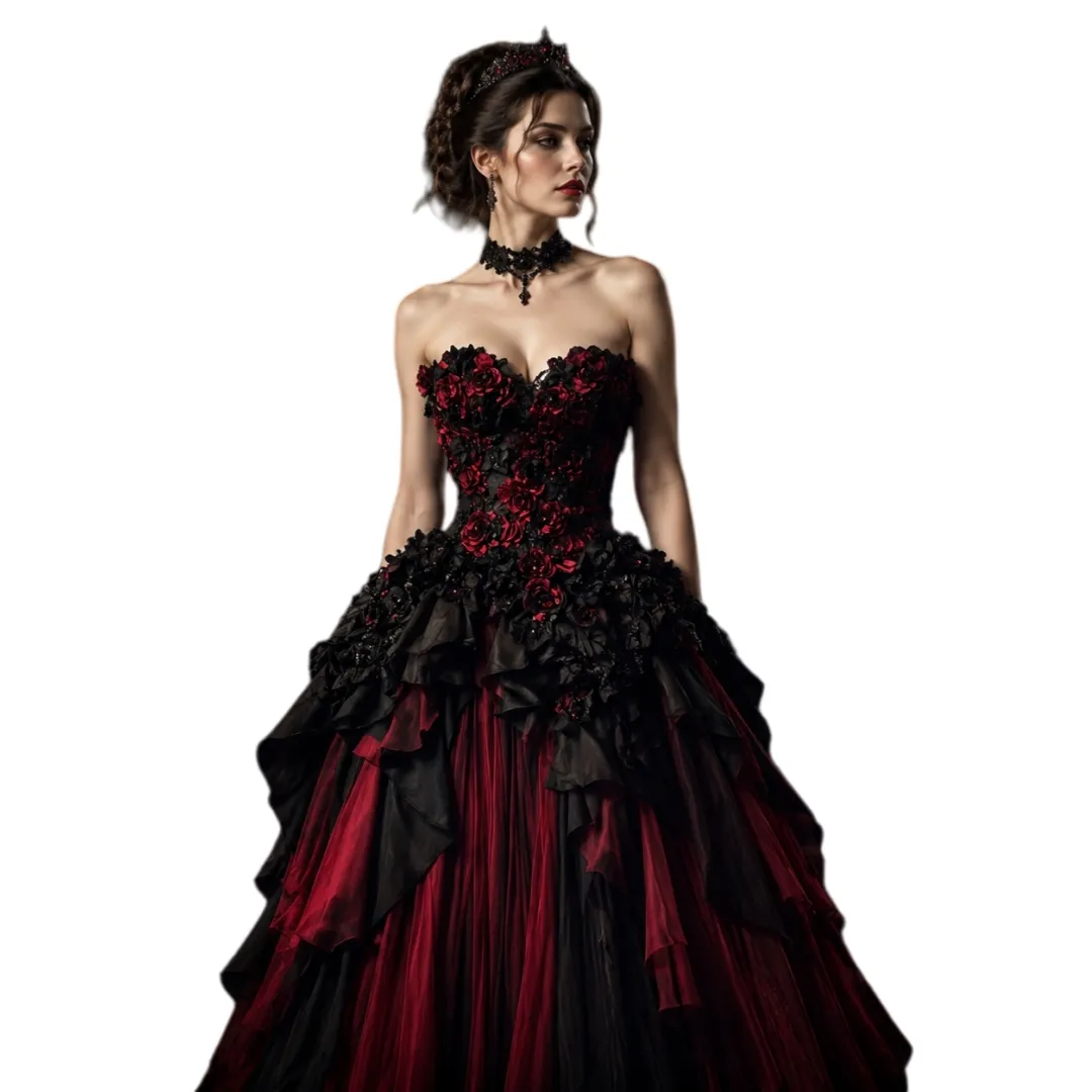 Dark Red And Black Gothic Wedding Dress Red Rose... From Chicweddings, Rs.15,795.46