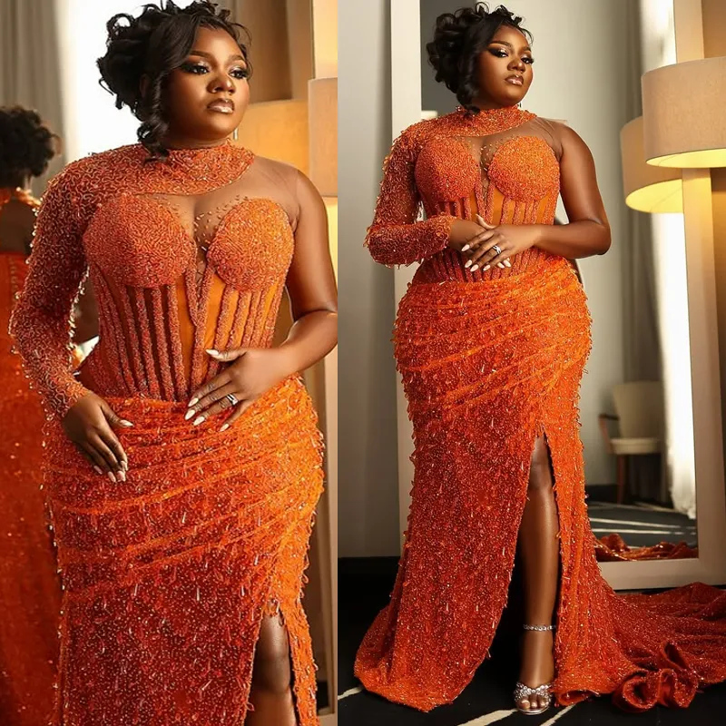 Plus Size Orange Mermaid Prom Dress Formal Gowns Evening Prom Dresses For Special Occasions Side Split Crystals Beaded Birthday Dress Reception Gowns 