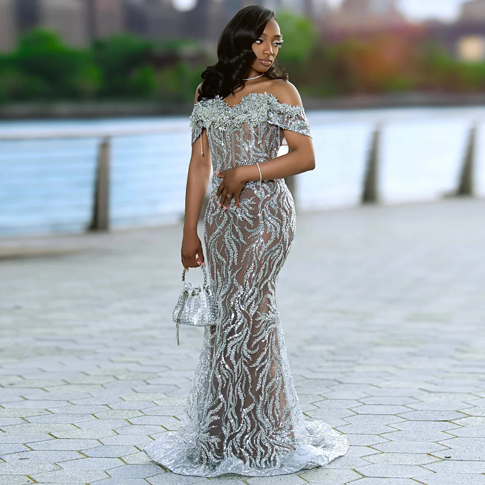 Silver Prom Dress Mermaid Rhinestone Beaded Glitter Long Evening Party Gown Black Girl Birthday Dress