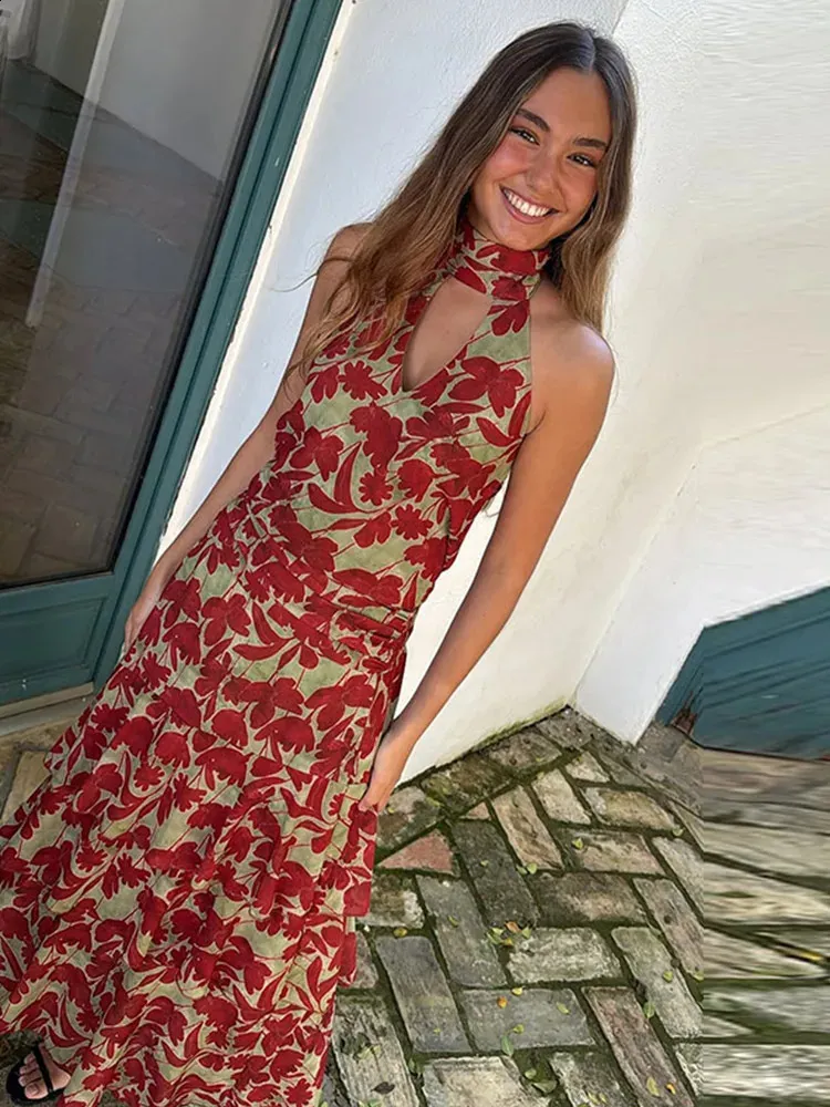 printed tiered halter midi dress Floral Print Neck Keyhole Cutout Halter Neck Tiered Summer Sweet Women Brunch Feminine Vestido 260702 collection:mixi-dresses
