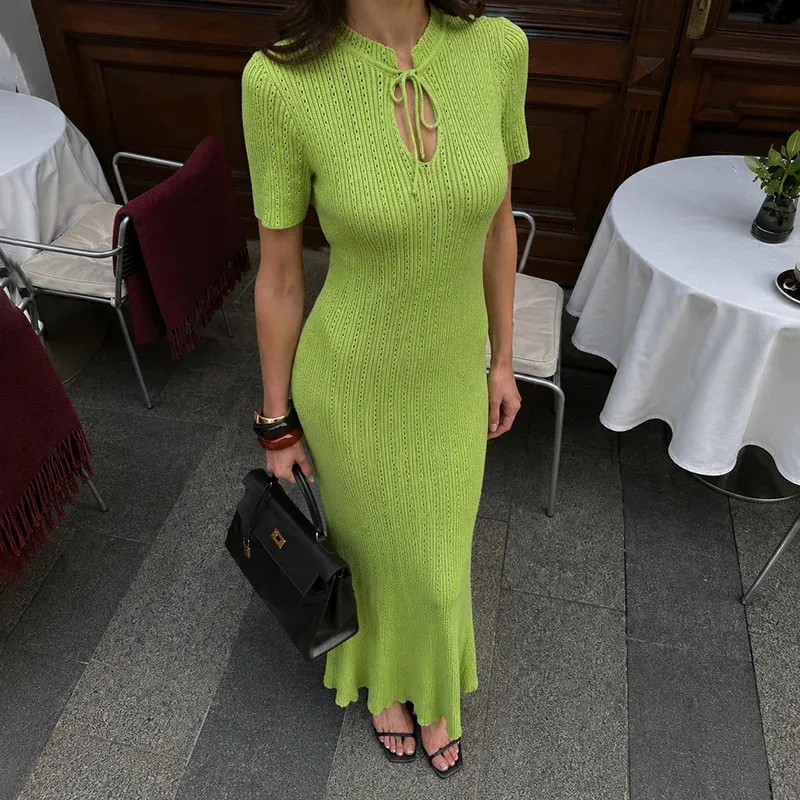 TARUXY Short Sleeve Knitted Long Dress Female Slim Hollow Retro Elegant Sweater Dress Summer High Waist Womens Dress 260701